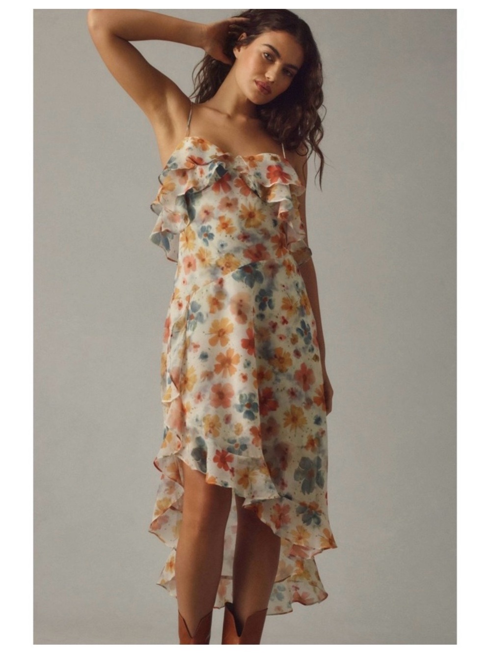 Anthropologie Floral Ruffle High-Low Slip Dress - White Multi